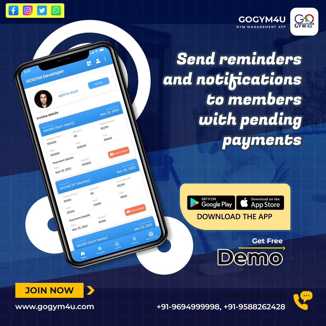 Keep your gym's revenue on track with the #Gogym4u gym management app! 📢💪 Now, you can easily send reminders and notifications to members with pending payments. #apptomanagegym #fitnessstudiomanagerapp #GymManagement #gymmanagementapp #gymmanagementapplication #PaymentReminders