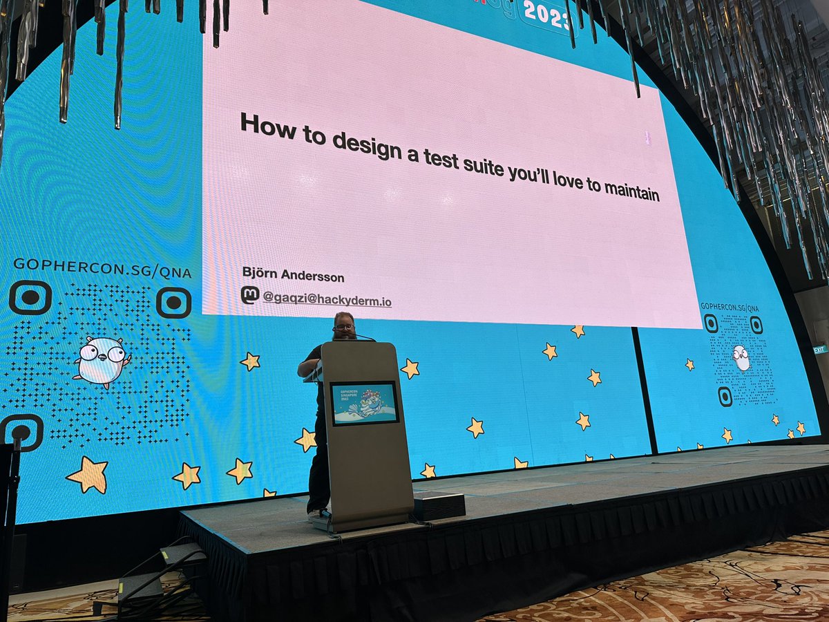 Matt Boyle (@mattjamesboyle) on Twitter photo Penultimate talk at <a href="/GopherConSG/">GopherCon Singapore</a>
Bjorn said he’s talking about tests, “the tech equivalent of telling you to eat your veggies” Penultimate talk at <a href="/GopherConSG/">GopherCon Singapore</a>
Bjorn said he’s talking about tests, “the tech equivalent of telling you to eat your veggies”