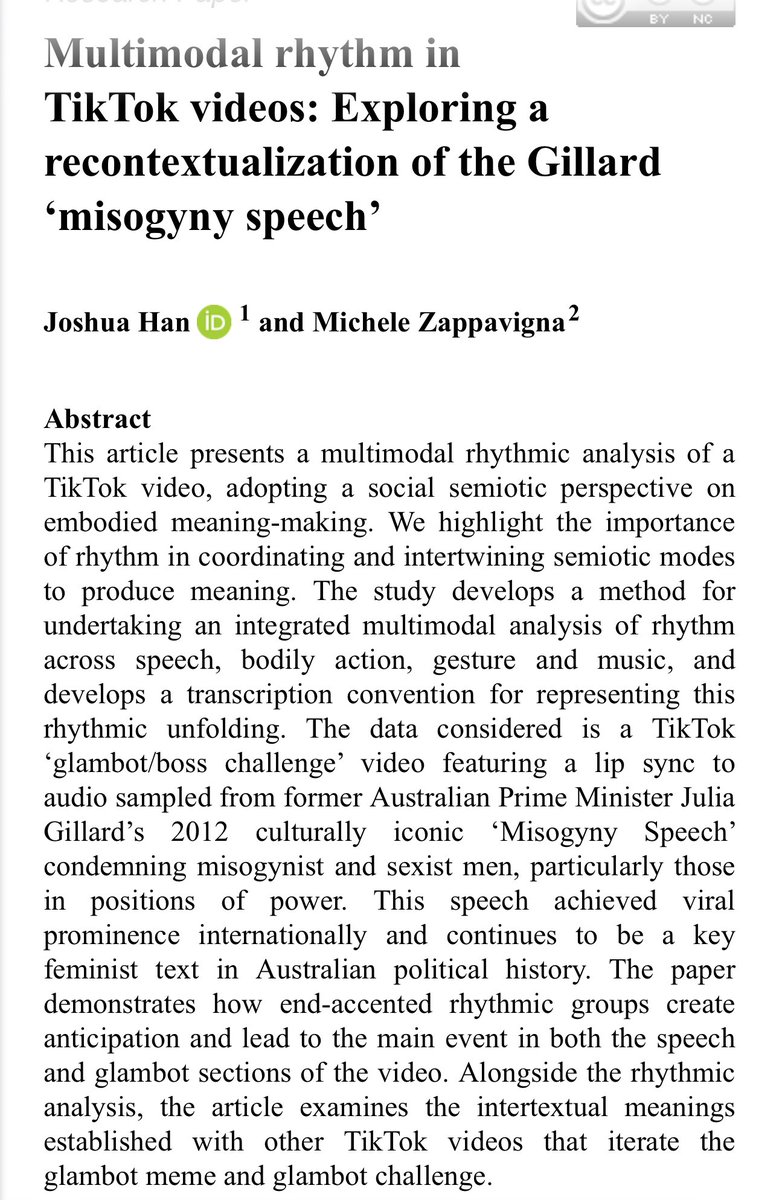 New article out with Joshua Han - “Multimodal rhythm in TikTok videos: Exploring a recontextualization of the Gillard ‘misogyny speech’”  doi.org/10.1177/263497…