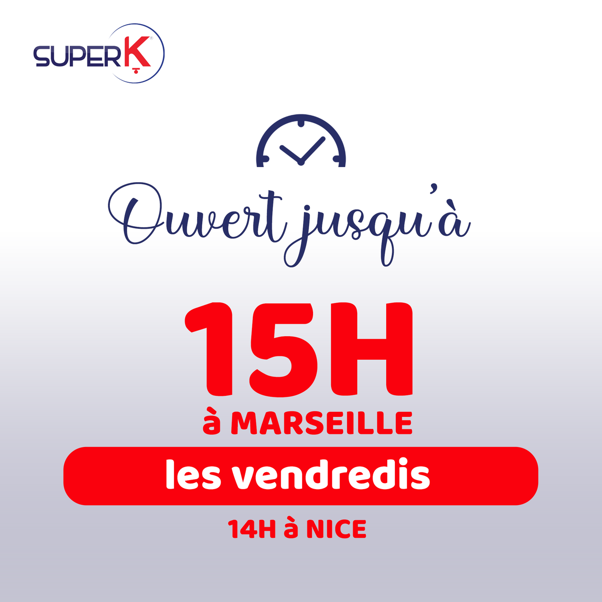 SuperK1306's tweet photo. 🕑 OUVERTURE EN HIVER LES VENDREDIS
Vos magasins SUPER K de MARSEILLE resteront ouverts les vendredis, en HIVER, jusqu'à *15H*. Et ça commence aujourd'hui.
Shabbat shalom ! 😉 https://t.co/JQD2Kx3zlh