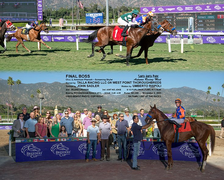 sadlerracing's tweet photo. WHAT A RACE! Taking 1 and 2 with two very exciting 2-year-olds!! The son of American Pharoah broke his maiden with barn mate, the son of Catalina Cruiser crossing the finish line right after him @santaanitapark 
@westpointtbred @johnwsadler @NathalieDarley @HenryDMiranda1 https://t.co/gqJFB84SSw