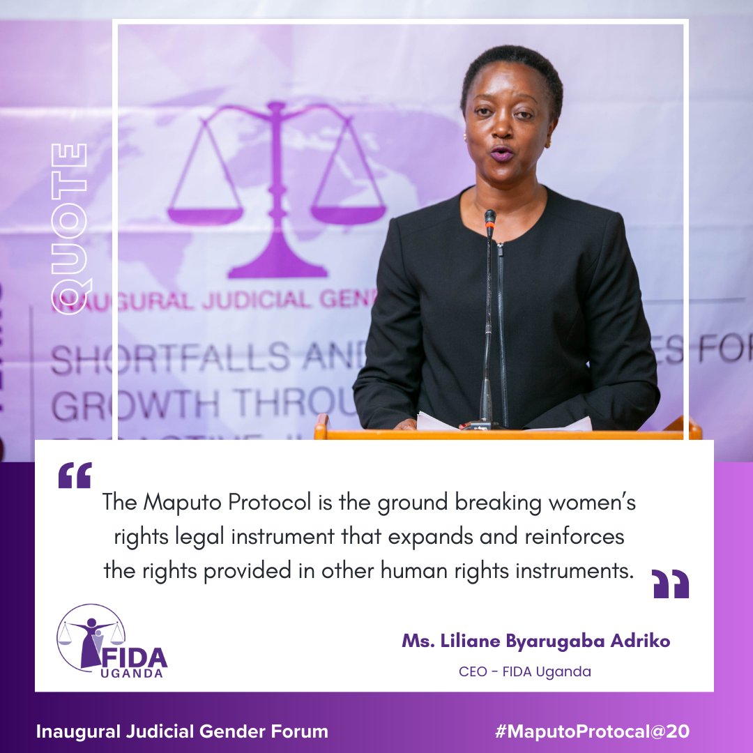 FIDA_Uganda's tweet photo. At the ongoing Judicial Gender Forum to mark the 20th anniversary of the Maputo Protocol with @IntlWomenJudges.
Our Chief Executive Officer - @AdrikoLillian quotes ๐ข
#MaputoProtocol20 https://t.co/Elri3AmohT