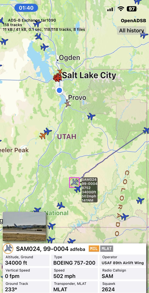 SLCScanner's tweet photo. #USAF #PresidentialAircraft Boeing-C32A Reg: 99-0004. #CallSign #SAM024 is flying through southern #Utah at the moment. It is just outside of #StGeorge. #Military #Aviation https://t.co/HAAKLv8w2E