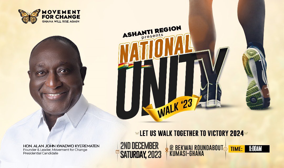 thealannews's tweet photo. United we thrive! Let's walk in unison at the National Unity Walk for a more cohesive and dynamic Ghana. Alan Kyerematen 🦋🇬🇭#MovementForChange #UnityWalk23 #YellowArmy https://t.co/9P49elPitf