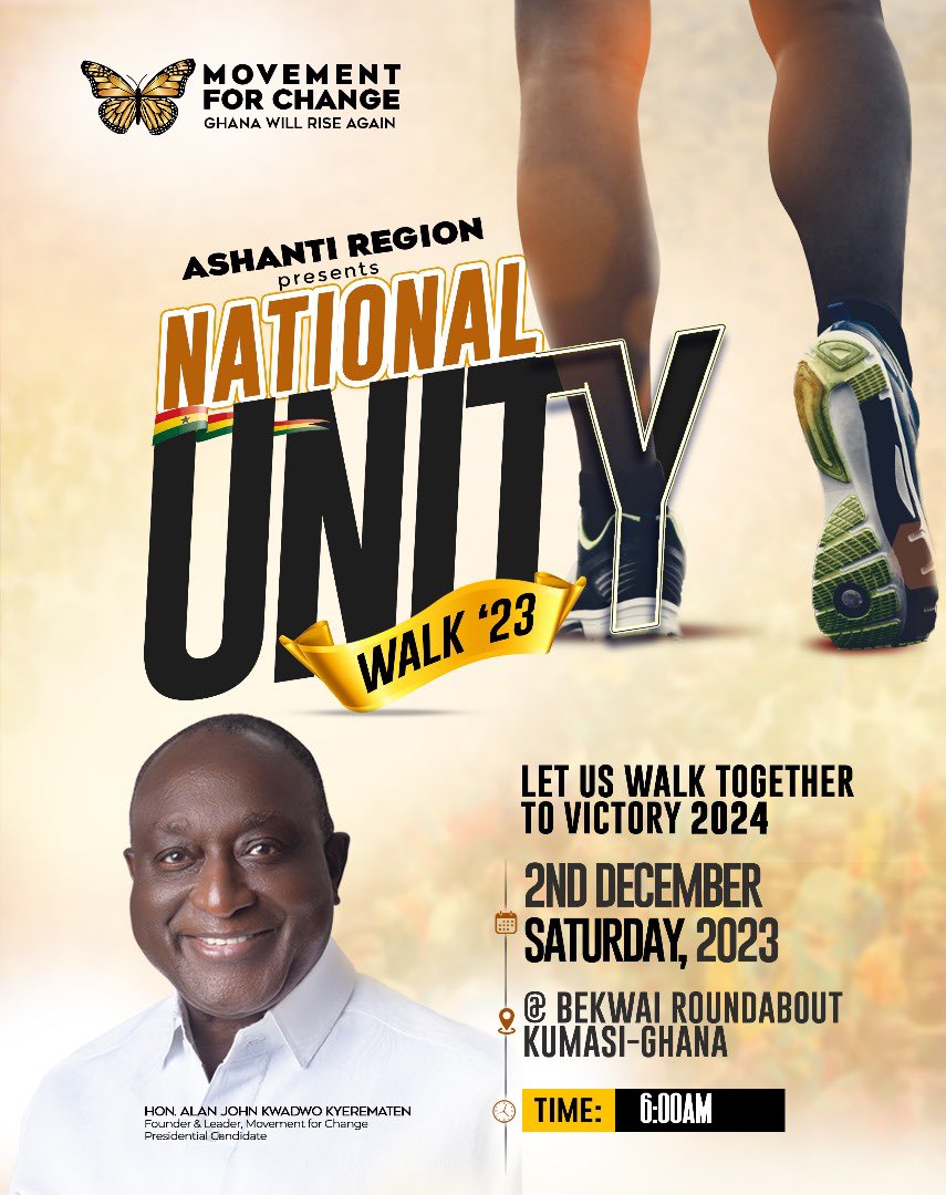 thealannews's tweet photo. It's a call for togetherness! Join us at the National Unity Walk and be a part of the change Ghana needs. Alan Kyerematen. 🦋🇬🇭#MovementForChange #UnityWalk23 #YellowArmy https://t.co/sX83qSdpz6