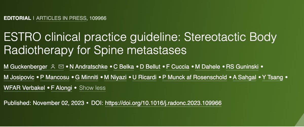 ESTRO clinical practice guideline: SBRT for Spine mets
👉 Conditional rec for painful spine mets
👉 Strong rec for oligometastatic spine mets
Many more details
🙏 <a href="/alongi_filippo/">Filippo Alongi</a> <a href="/SahgalArjun/">arjun sahgal</a> <a href="/gminniti2012/">giuseppe Minniti</a> <a href="/MaxNiyazi/">Max Niyazi</a> <a href="/umbertoricardi/">umberto ricardi</a> &amp; all contributors !
doi.org/10.1016/j.rado…