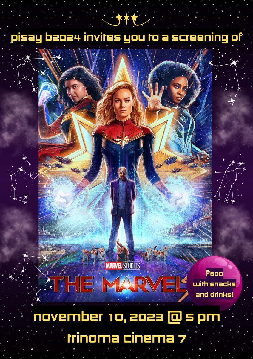 yearbook2024's tweet photo. Mark your calendars for a date with destiny! 🗓

On November 10, 2023, at 5 PM, assemble at Trinoma Cinema 7 for the Batch 2024 graduation fundraiser: a Blockscreening of The Marvels... 🦸‍♀️💥

Don't miss this heroic gathering - the fate of the universe hangs in the balance! 🌌🍿 https://t.co/diDTnsWhjd