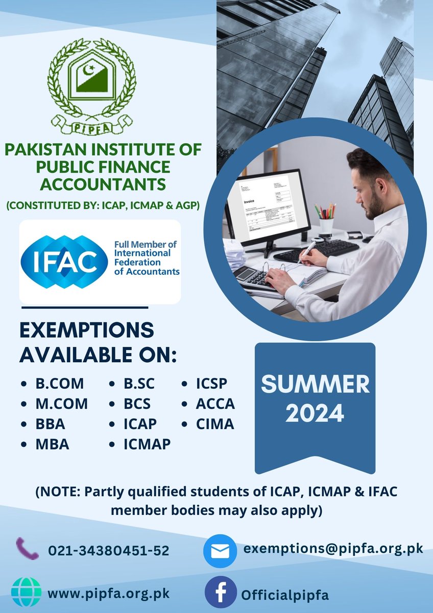 PIPFAOfficial's tweet photo. ''Summer 2024 Exemptions'' are now open.  

To apply for Exemptions, email at: exemptions@pipfa.org.pk ; cc: marcom@pipfa.org.pk  

To apply for admissions Online, visit at: https://t.co/QPtxSCQETW 

For complete details, visit PIPFA website: https://t.co/iigfaJg4hT https://t.co/BOM1j0Qwg2