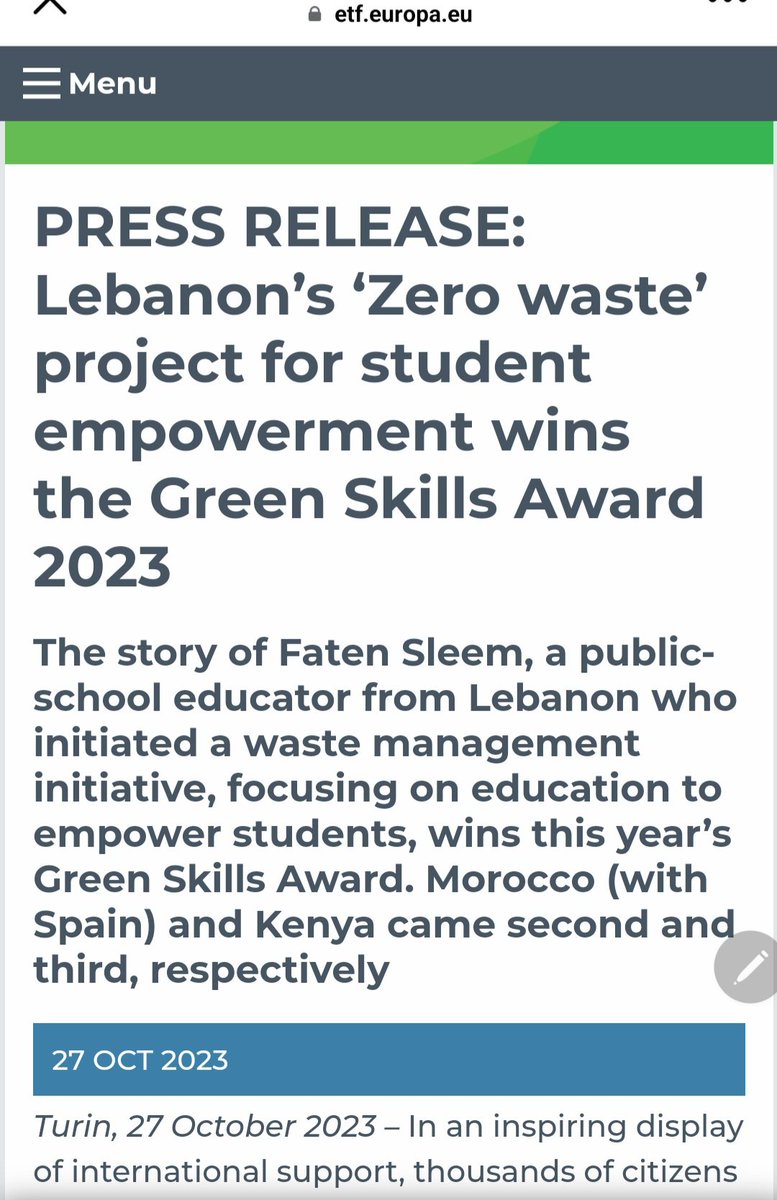 ChaabanJinane's tweet photo. 🏆 New Achievement that Raises Lebanon's Name High
Congratulations to #Faten_Sleem #zero_waste for winning the first prize in the #ETF #Green_Skills_Award 2023 competition, among 600 participants from more than 70 countries.
 #Lebanon #education #jinane_chaaban #CERD https://t.co/JN2BEBoC3N