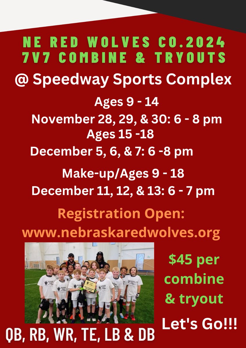 NeRedWolves's tweet image. Come run with Wolves! Combine and tryouts are open to all.  Pick your register date, spots filling quickly. nebraskaredwolves.org
