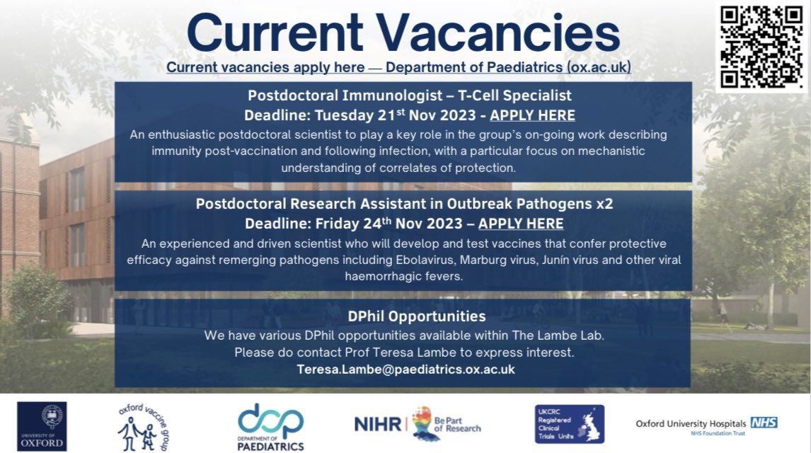 The Lambe Lab @jenneratingVacc is now hiring! If you’re passionate about vaccines and immunity, this is your opportunity to work alongside a world-leading scientist and make great science! #postdoc #PhD #JobOpportunity @UniofOxford