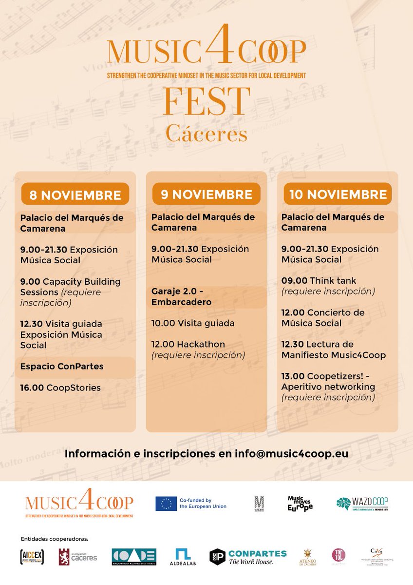 WAZO MAGAZINE (@wazomagazine) on Twitter photo 🎶 ¡Descubre el <a href="/music4coop/">Music4Coop</a> Fest en Cáceres del 8-10 Nov! Música, cooperación y desarrollo local se unen. 🌟 Exposiciones, talleres, historias inspiradoras y más. 🎹🤝 Regístrate: info@music4coop.eu. ¡No te lo pierdas! #Music4CoopFest #MúsicaCooperativa #Cáceres 🎟️🎈 🎶 ¡Descubre el <a href="/music4coop/">Music4Coop</a> Fest en Cáceres del 8-10 Nov! Música, cooperación y desarrollo local se unen. 🌟 Exposiciones, talleres, historias inspiradoras y más. 🎹🤝 Regístrate: info@music4coop.eu. ¡No te lo pierdas! #Music4CoopFest #MúsicaCooperativa #Cáceres 🎟️🎈