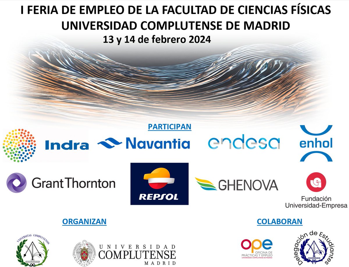 ¡I Feria de Empleo de la Facultad de C. Físicas de la UCM! 
🗓️13 y 14 de febrero de 2024.   
Abrimos hilo 👇