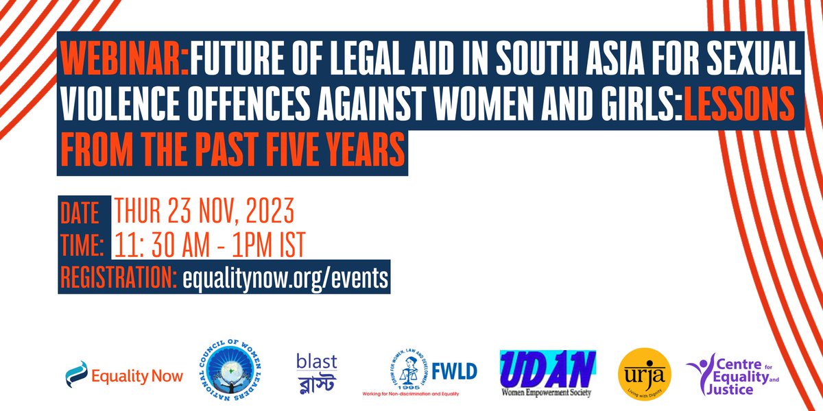 equalitynow's tweet photo. 📢#WebinarAlert! Join us for a dialogue on the future of #LegalAid services with reference to #SexualViolence in #SouthAsia on Thur, Nov 23, at 11:30 AM (IST). We’ll look back on the learnings of the past 5yrs &amp; plan for future best practices. Register 🔗 https://t.co/6Fg9lbaI7V https://t.co/B5M6VKXYp6