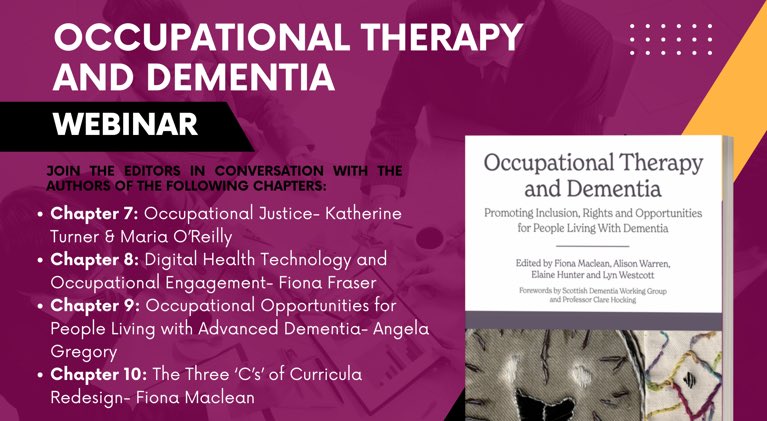 Join us on Tuesday 7th November 2023 7PM for our book webinar highlighting the contribution of authors #ROARdementia @macleanFiona @elaineahpmh @alisonfwarren @lyn_wes, #dementia #OT #withOTuCAN @fionajfraser @kateturnerOT @angelagregory28 
plymouth.zoom.us/j/92234883918?…