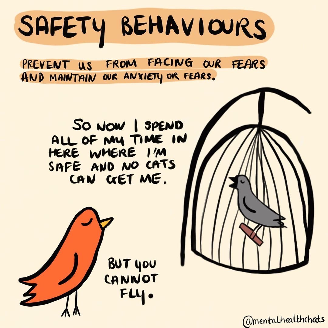 Keeping in theme with our posts on avoidance we love this illustration posted by @lucyrothpsych. Avoidance and safety behaviours prevent us from learning we can cope, we are okay and we are brave. We *can* spread our wings and fly 🦅