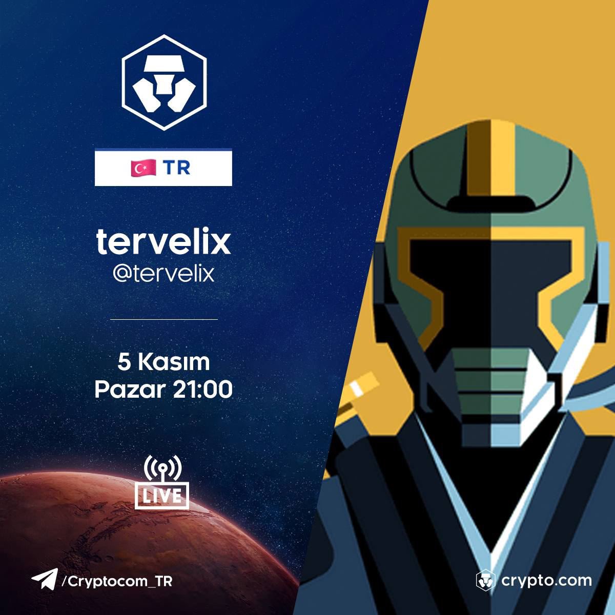 5 Kasım Pazar günü saat 21:00'da Tervelix bizimle sesli sohbete katılacak , DeFi/Layer2 ve diğer konular hakkında konuşulmasını istediğiniz herşeyi #tervelix etiketi ile sorabilirsiniz🤝 @tervelix t.me/Cryptocom_TR