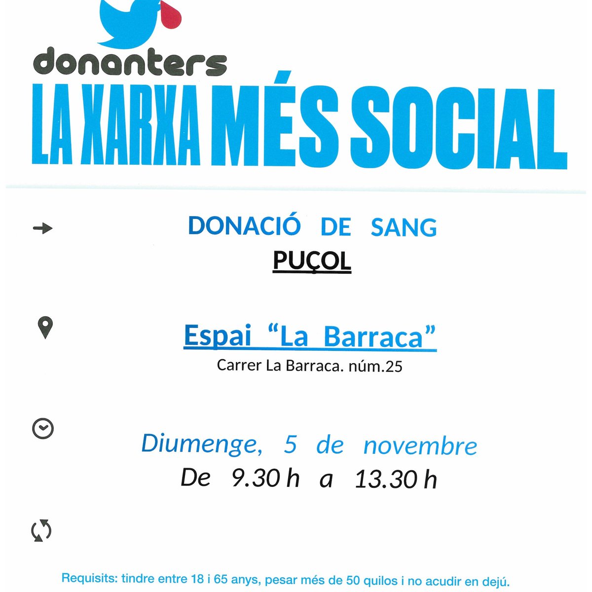 Donació de sang en #Puçol
📅diumenge #5Novembre
La vida de molts malalts depén de transfusions de sang periòdiques, gràcies a tu poden rebre el seu tractament.
  
#DonaSang no la podem fabricar.
 #FesteDonanter #ComparteixVida🩸