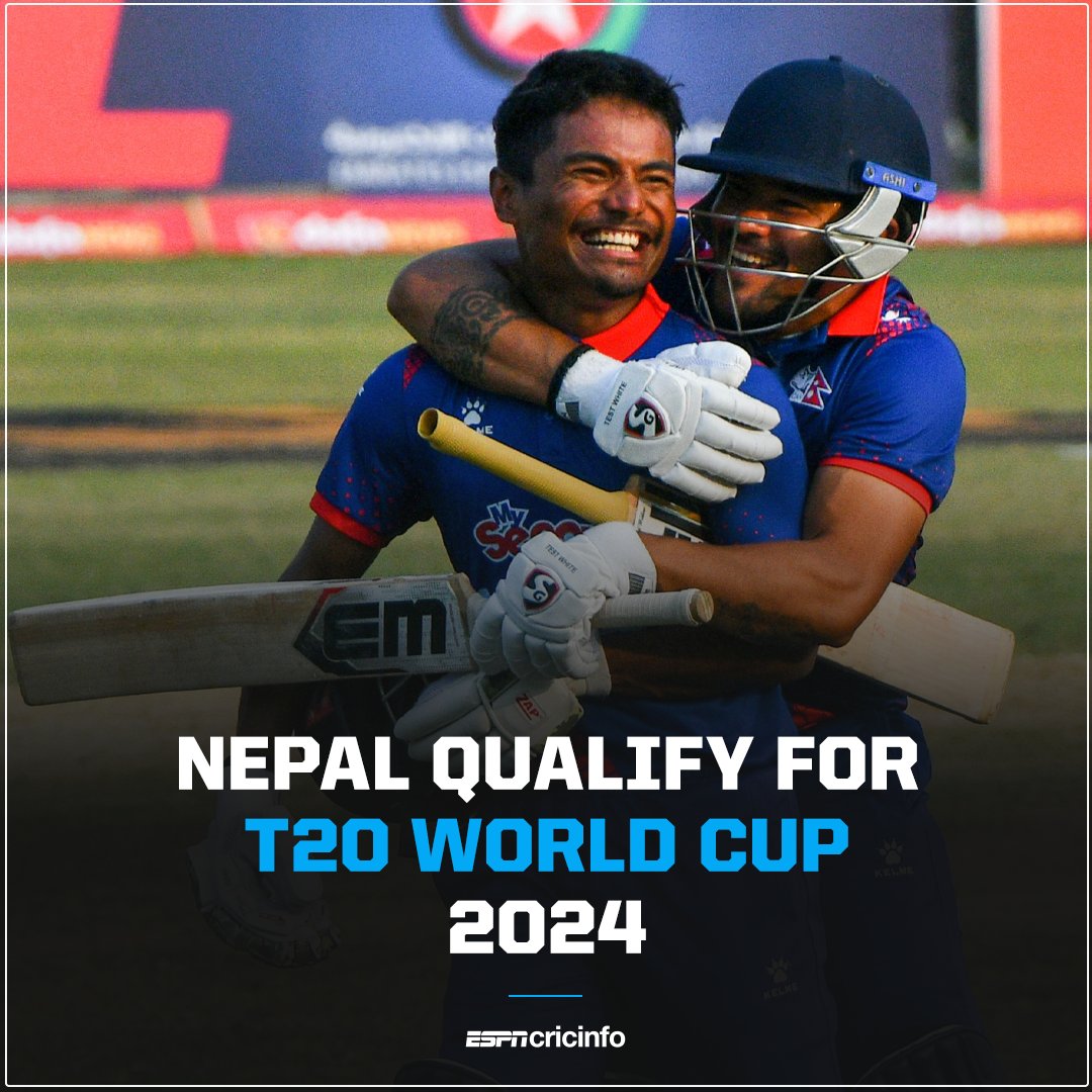 A country that loves its cricket ❤️ Nepal secure their place in the 2024 T20 World Cup after an eight-wicket win over UAE in the semi-final of the Asia Qualifier 🇳🇵 #T20WorldCup