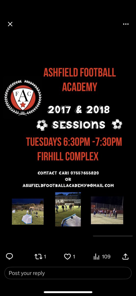 OurAshfield's tweet photo. *ASHFIELD FOOTBALL ACADEMY*
Ashfield football academy are putting on sessions for kids in the 2017 & 2018 age groups!
If you know any interested please get in touch using the following details!
⚫️🔴⚪️
#StrongerAsOne
#AshfieldAcademy
#ForABetterAshfield https://t.co/jL45g3tvWA