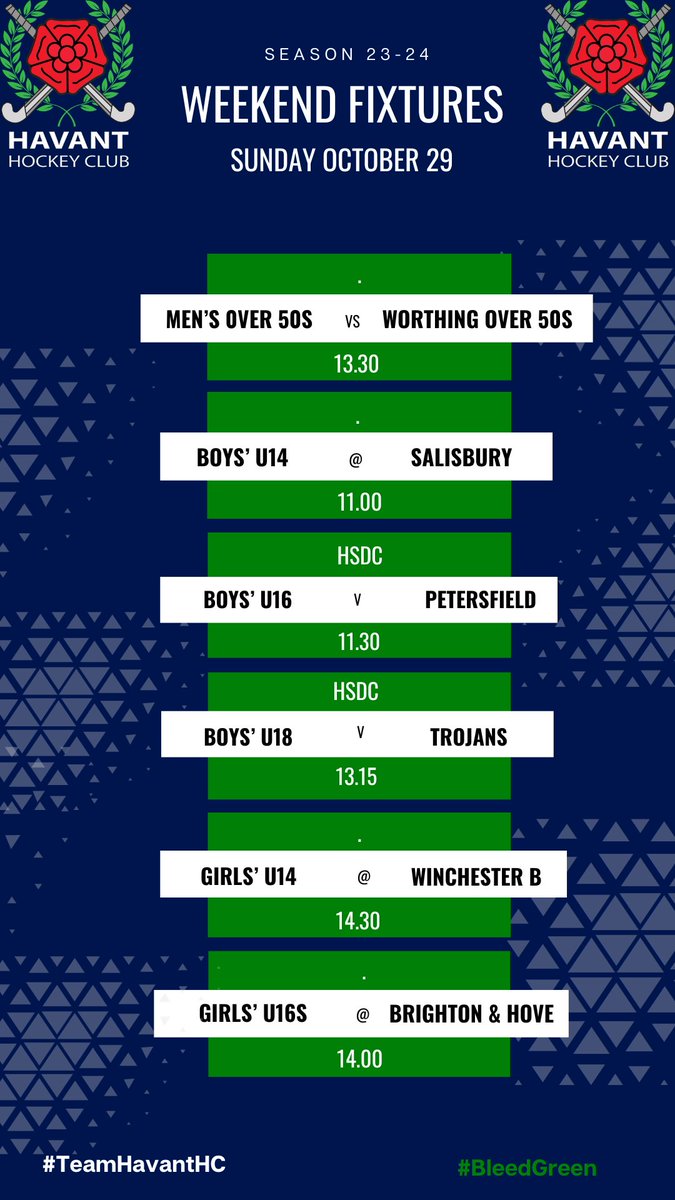 HavantHC's tweet photo. It's #FixturesFriday. In a slightly different order this week, listed by teams rather than times. Get down to the College for Saturday Night Lights - M1s v Brighton at 5pm.
Best of luck to all of #TeamHavantHC
#BleedGreen https://t.co/SwQnJcqWrC