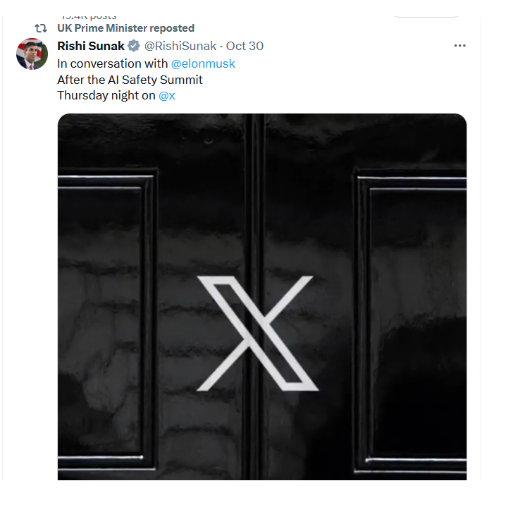 DonnachadhMc's tweet photo. Am I the only one who found this Sunak tweet chilling?  Having our PM, replace No. 10 logo with logo of far-right US media billionaire is outrageous.  This was day after Musk issued extreme dark-web conspiracy theory that climate/wildlife protectors want to wipe out humanity! https://t.co/mLXh4QgXI6