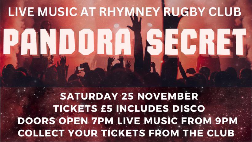 BAND NIGHT | Great night of LIVE MUSIC with PANDORA SECRET on Saturday 25 November. Collect your tickets from the club for the bargain price of £5 includes disco #BandNight #LiveMusic 🎸