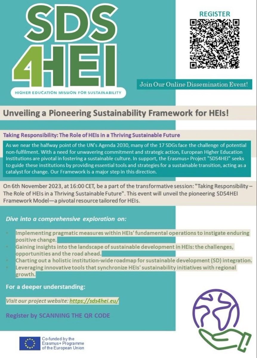 The SDS4HEI Project Online event.
On 6 November 2023, 16 p.m. CET, the online Dissemination Event “Taking Responsibility – HEIs’ Role in Thriving Sustainable Future” will introduce the SDS4HEI Framework Model as a useful resource.
Register:
events.teams.microsoft.com/event/5d44a85f…