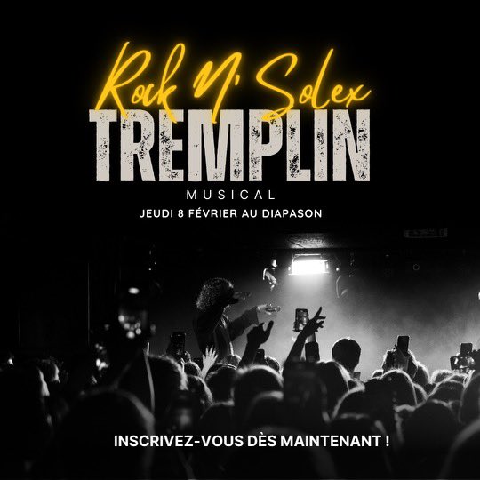 Le Rock’n Solex est de retour pour une 57ème édition !
Jeudi 8 février au Diapason aura lieu le :
⭐TREMPLIN MUSICAL ROCK'N SOLEX⭐
Inscris toi pour tenter de faire l'ouverture du festival !
C'est gratuit et ouvert à tous, alors RDV sur rocknsolex.fr !
Bonne chance🍀