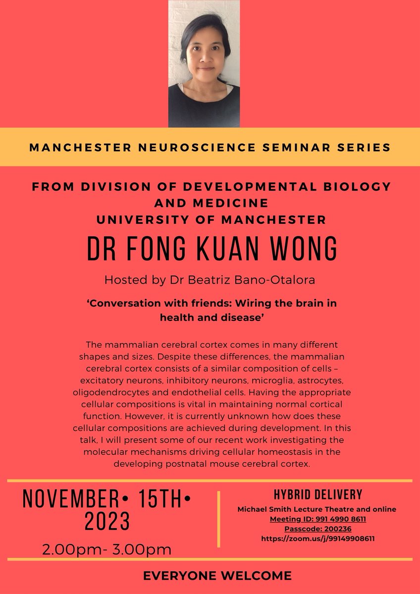 The next talk in our seminar series is on Weds 15th November at 2pm, presented by @brainotopia titled 'Conversation with friends: Wiring the brain in health and disease', hosted by @BeaBanoTime. Further details on poster - all welcome! 🧠