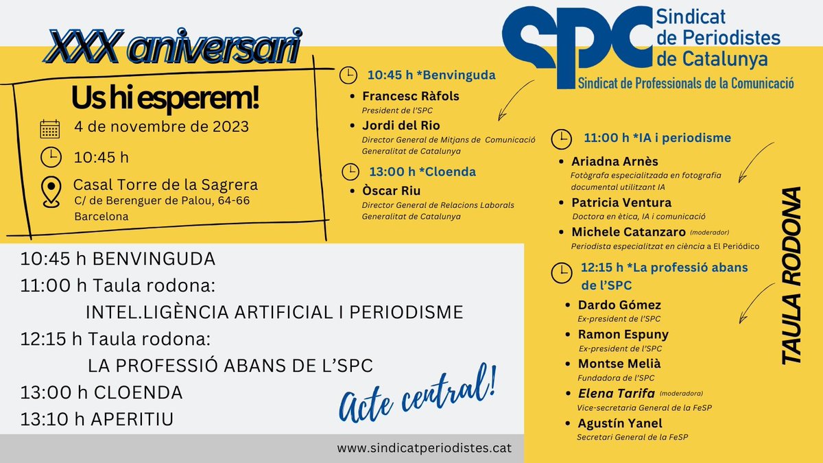 Sindicat Periodistes (@periodistescat) on Twitter photo ⏳Compte enrere!
📢 4-N 🥳
🤗 Amb la participació de:
<a href="/qrafols/">Quico Ràfols</a>
@jordidelrio
<a href="/AriadnaArnes/">Ariadna Arnés</a>
<a href="/Dialalluna/">Patricia Ventura</a>
<a href="/mcatanzaro/">Michele Catanzaro</a>
<a href="/GomezDardo1/">Dardo Gomez</a>
<a href="/RamonEspunySol/">Ramon Espuny Solé</a> <a href="/Montmelia/">Montse Melià</a>
<a href="/TarifaElena/">Elena Tarifa @elenatarifa.bsky.social</a>
<a href="/YanelAgustin/">Agustín Yanel</a>
<a href="/oscarriu/">Oscar Riu</a>
#gracies
#30anysspc
👇🏻👀
bit.ly/47hC2q1 ⏳Compte enrere!
📢 4-N 🥳
🤗 Amb la participació de:
<a href="/qrafols/">Quico Ràfols</a>
@jordidelrio
<a href="/AriadnaArnes/">Ariadna Arnés</a>
<a href="/Dialalluna/">Patricia Ventura</a>
<a href="/mcatanzaro/">Michele Catanzaro</a>
<a href="/GomezDardo1/">Dardo Gomez</a>
<a href="/RamonEspunySol/">Ramon Espuny Solé</a> <a href="/Montmelia/">Montse Melià</a>
<a href="/TarifaElena/">Elena Tarifa @elenatarifa.bsky.social</a>
<a href="/YanelAgustin/">Agustín Yanel</a>
<a href="/oscarriu/">Oscar Riu</a>
#gracies
#30anysspc
👇🏻👀
bit.ly/47hC2q1