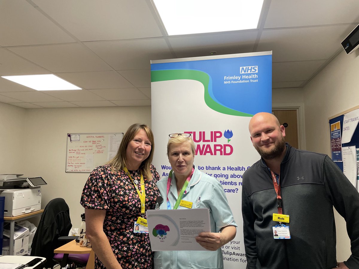 Congratulations Debbie on your TULIP award. Debbie was nominated by a patient for the kindness and care she showed her while she was in the discharge lounge on the Frimley Park site. Well done Debbie ⁦@lornawilko⁩ ⁦@AlisonS44517243⁩ ⁦@robertcheesema6⁩