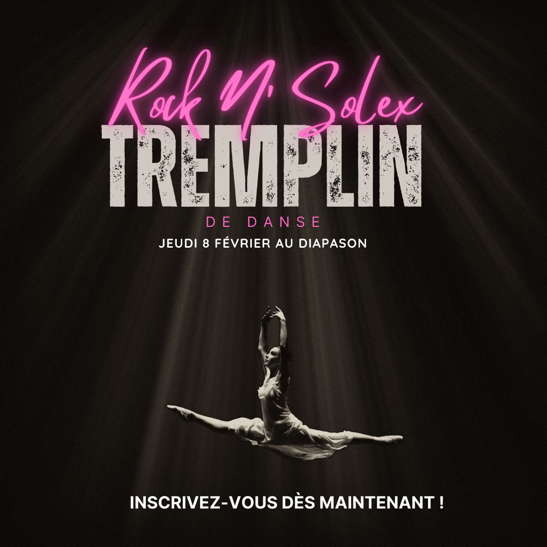 Cette année nous vous proposons une nouveauté :
⭐TREMPLIN DE DANSE ROCK'N SOLEX⭐
Il aura lieu le jeudi 8 février au Diapason, et le gagnant pourra se produire durant le village de jour !
C'est gratuit et ouvert à tous, alors RDV sur rocknsolex.fr !
Bonne chance🍀