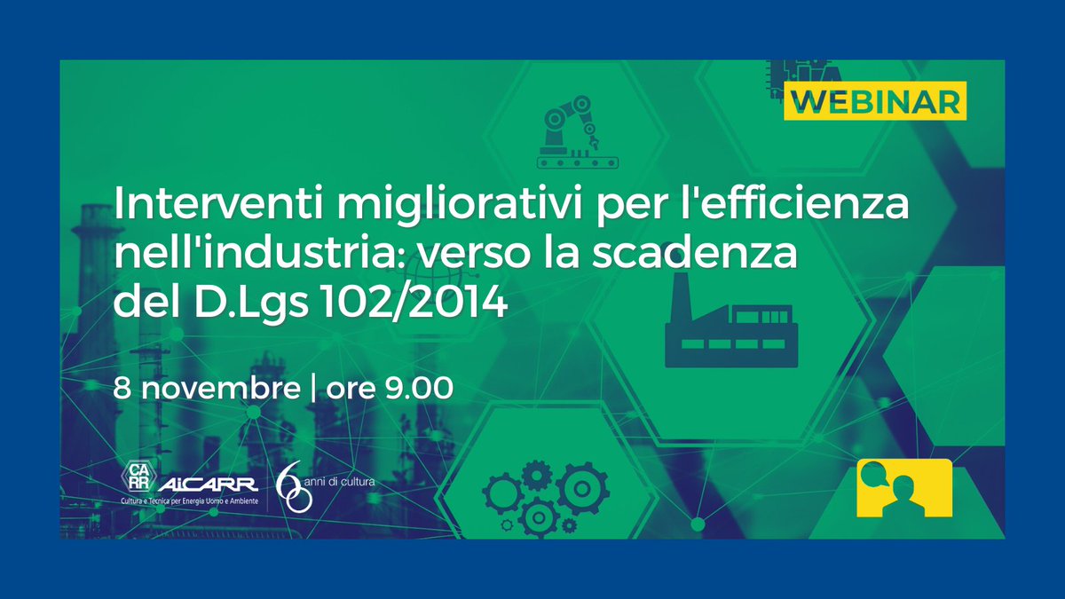 Appuntamento l’8 novembre con il webinar #AiCARR che farà il punto sull’efficienza energetica del settore industriale in Italia, con l'intervento di alcuni dei principali attori della filiera.
👉Iscrizioni: lnkd.in/dBiftg9F
#AiCARR #Icare4aicarr #associazione #webinar