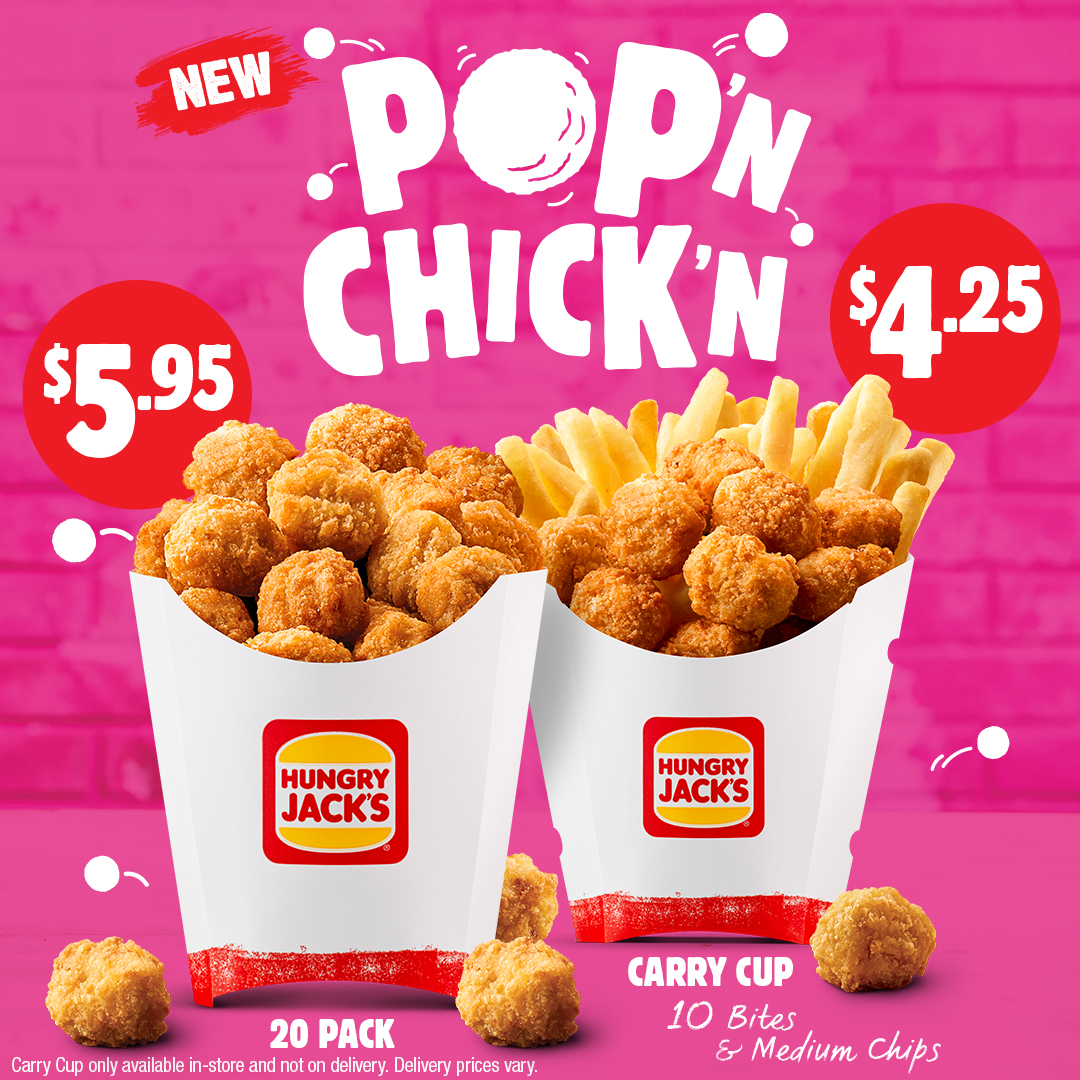 Get SNACKIN’, get POP’N… Our Pop’n Chick’n Carry Cup and 20 Pack are BACK! 😍🚨 Better POP to it, it’s too good to miss! 💥 Carry Cup available for pick-up only at participating stores. Excludes delivery.