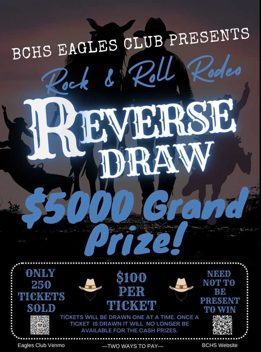 Purchase a reverse draw ticket for a chance to win $5,000!!!💵 Drawing will be held Next Saturday 11/4 at our Annual Barn Dance. You do not need to be present to win! 

💵Two ways to purchase:

💥1.BCHS Website:
events.veracross.com/bchs/27-barn-d…

💥2.Venmo <a href="/EAGLES/">Philadelphia Eagles</a>-CLUB