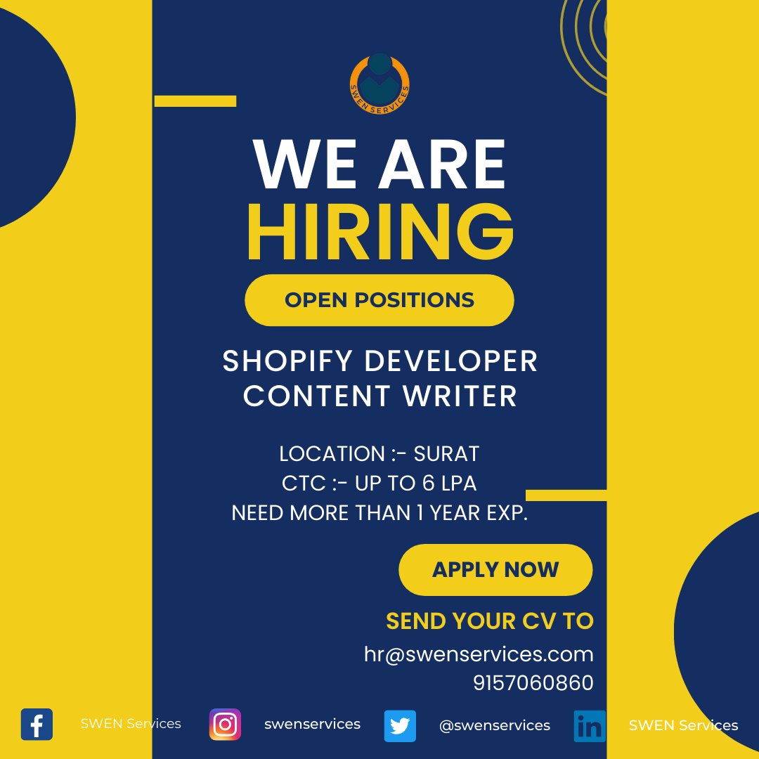 Share your CV on 9157060860 for more details

#shopifydeveloper #contentwriterjobs #shopify #contentwriting #itjobsinsurat #suratitjobs #suratithub