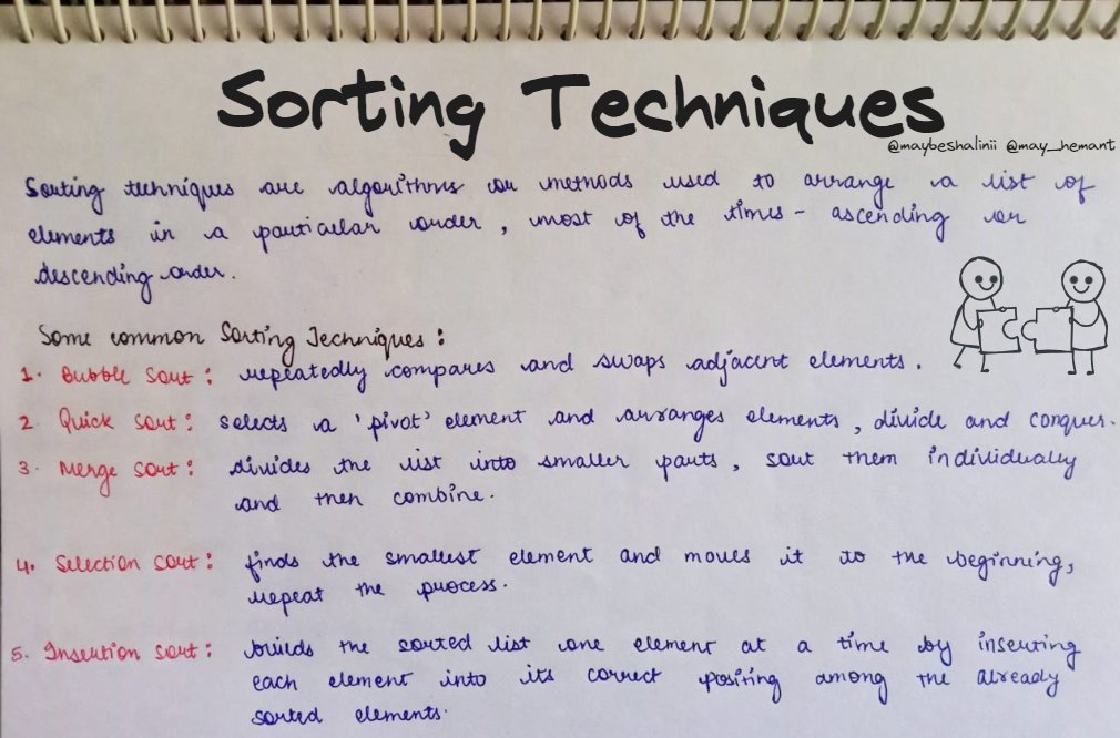 maybeshalinii's tweet image. Introduction to Sorting Techniques🔎
Sorting techniques are fundamental algorithms in computer science used to arrange a collection of items in a specific order, typically ascending or descending. Each sorting technique has its unique approach and efficiency characteristics.…