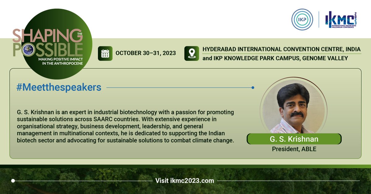 G. S. Krishnan, President of <a href="/able_indiabio/">ABLE</a>, will be co-chairing the #roundtable on Responsible #BioManufacturing at #IKMC2023! Discover how we can alter existing manufacturing practices and adopt new ones for a more sustainable future.

Learn more: ikmc2023.com