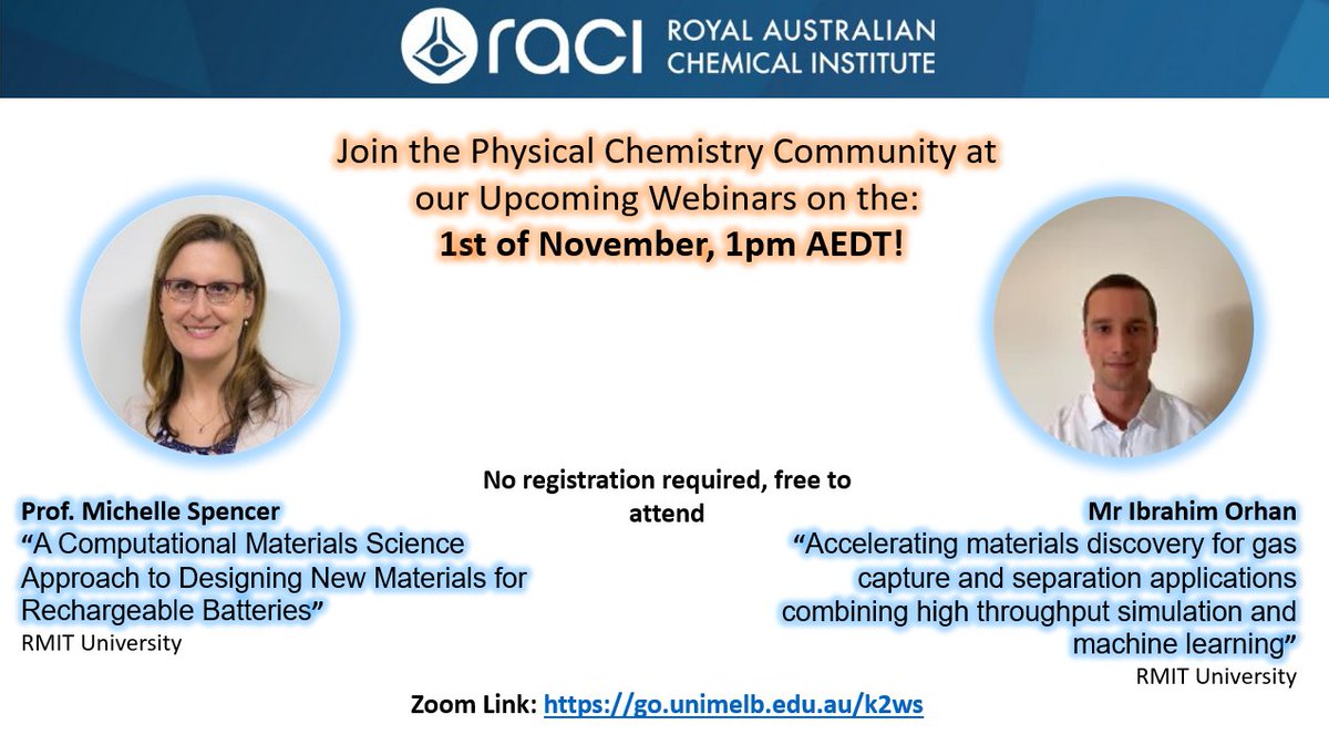 We're looking forward to some exceptional talks from @Prof_MSpencer and Ibrahim Orhan in @RACInational Phys Chem Webinar Series. 📅 Wednesday, 1st November 🕐 1pm AEDT 🔗 lnkd.in/gzzdv-MF Come along for some amazing Physical (Computational) Chemistry!