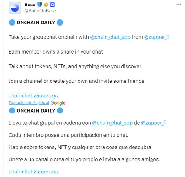 entueradigital's tweet photo. Chainchat
La nueva red social de Zapper impulsada por Base.
Menos de 2$ el registro!
Únete acá:
https://t.co/ML512GDIQk
Coloca una foto de perfil, nombre de usuario, descripción de tu perfil y paga el fee. Listo!
#chainchat #base #chainchatapp https://t.co/JI2Bd7GOmC