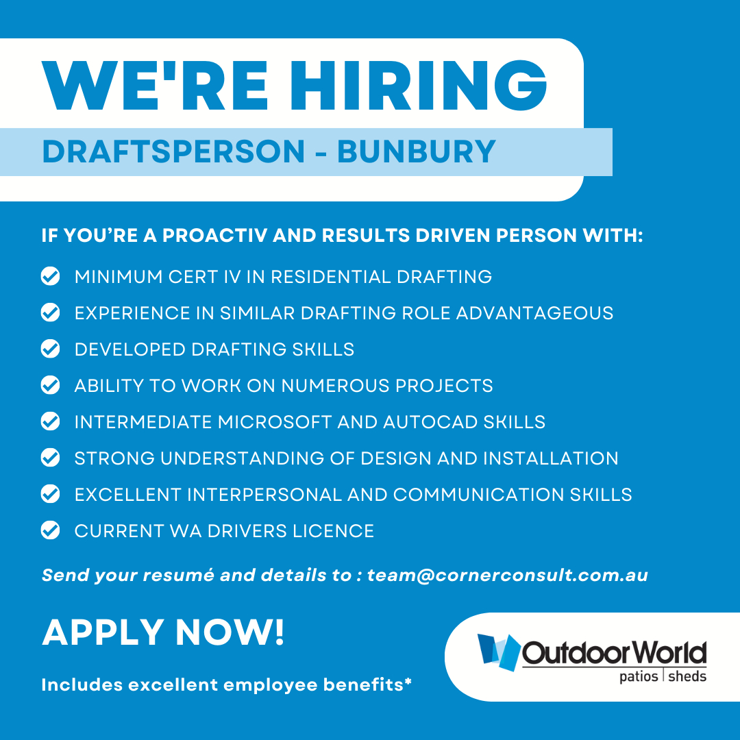 PerthHr's tweet image. DRAFTSPERSON I Outdoor World Bunbury

We are currently looking for a proactive and results driven individual with minimum Certificate IV in Residential Drafting and previous experience in similar drafting role is (advantageous).

The successful candidate will have well developed