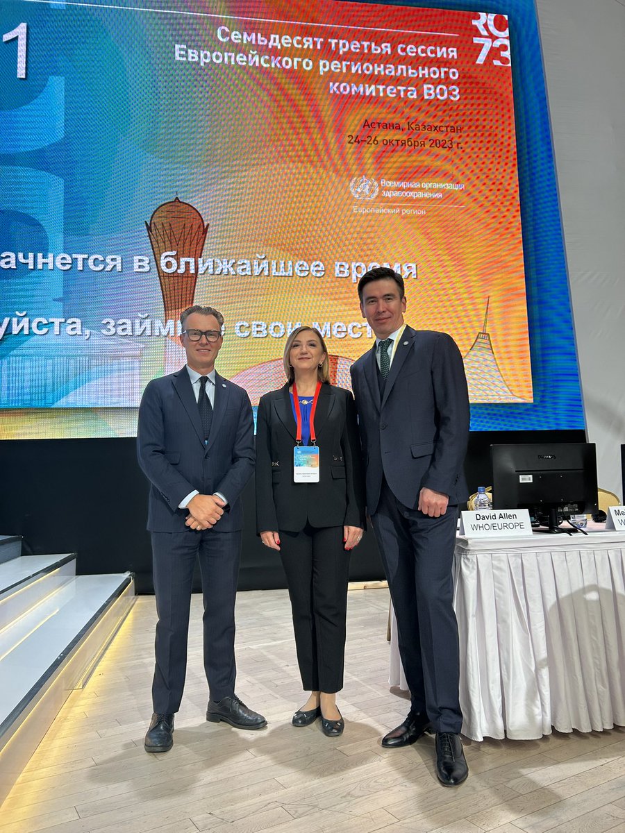 Two happy @WHO_Europe Directors and the #RC73Astana Exec President following the 53-Member State endorsements of a health workforce framework and AMR roadmap.