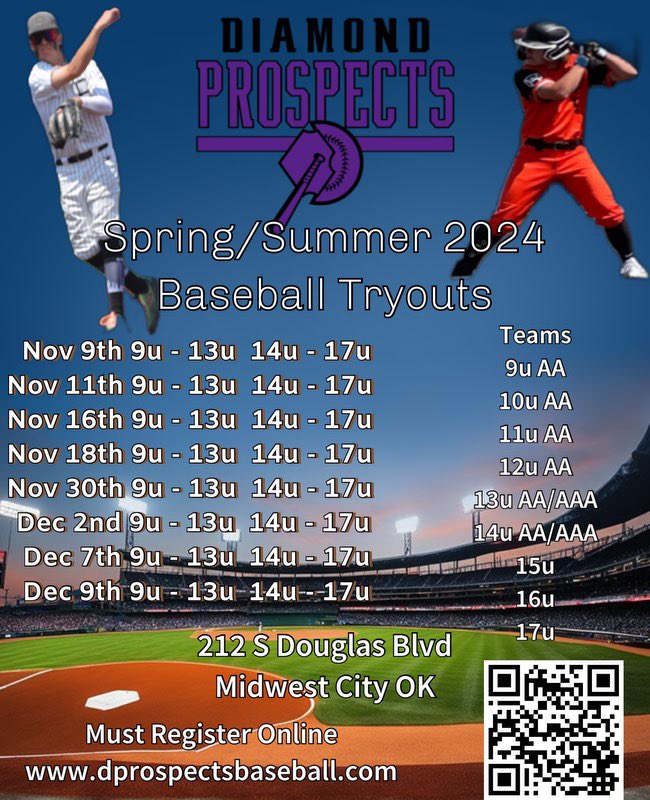 DprospectsO's tweet photo. We will be holding open tryouts leading up to our first official tryout on November 9th. Contact John Coker at (405) 962-9273 or Tyral Hytche at (918)894-3414 to schedule a workout https://t.co/DvQ9MPG2fD