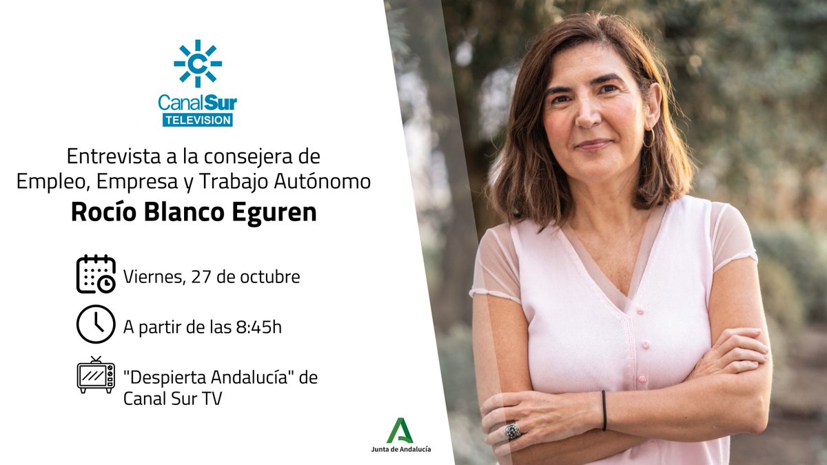 EmpleoJunta's tweet photo. La consejera de #EmpleoAND, Rocío Blanco, participa esta mañana en el programa de @canalsur "Despierta Andalucía" @DespiertaCSur para hablar de empleo, jóvenes y jornada laboral, entre otros temas.
🔴A partir de las 8:45h, en directo, en: https://t.co/z5Vy2nsHDR https://t.co/OCnL1FmOdR