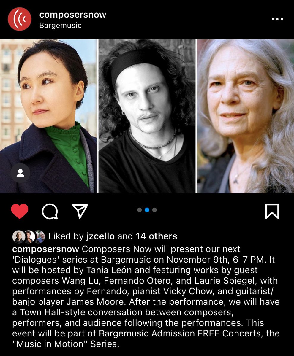 Next solo performance on Nov. 9, as part of Composers Now ‘Dialogues’ concert, I’ll be performing a solo work by Wang Lu. Also on the program are works by Fernando Otero and Laurie Spiegel performed by Fernando and James Moore. 

Bargemusic, Ltd.  FREE 6-7pm