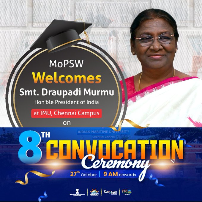AIRNews_Chennai's tweet photo. குடியரசுத் தலைவர் திருமதி திரௌபதி முர்மு சென்னையில் உள்ள இந்திய கடல்சார் பல்கலைக்கழகத்தின் எட்டாவது பட்டமளிப்பு விழாவில் இன்று பங்கேற்கிறார்.
@rashtrapatibhvn | @IMU_HQ
#8th_convocation https://t.co/EZUKLrBcLv