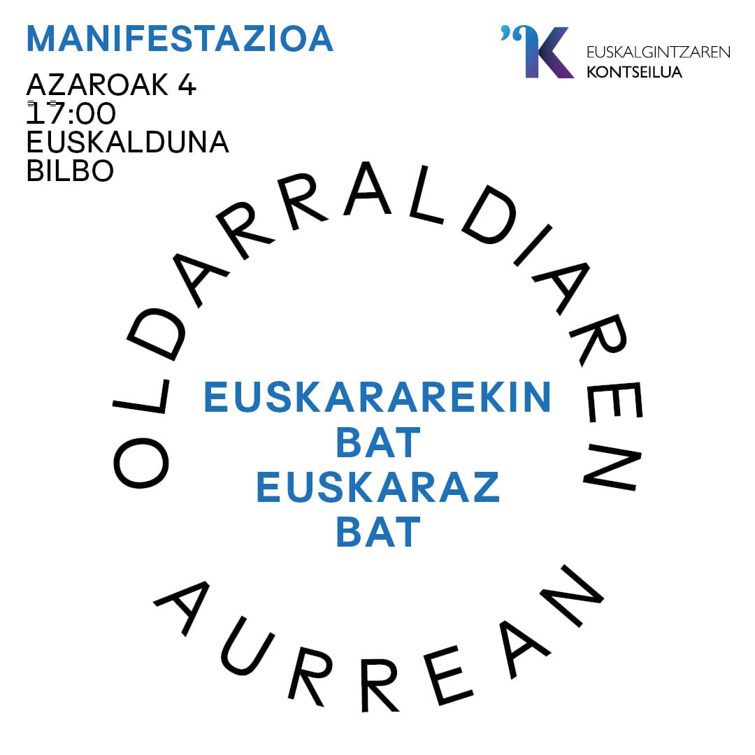 📢 Pantailak Euskarazek ere bat egiten du Euskalgintzaren <a href="/kontseilua/">Euskalgintzaren Kontseilua</a>|ren deialdiarekin, eta Azaroaren 4ean Bilbon egongo gara. Oldarraldiaren aurrean, euskararekin bat, euskaraz bat! 📢🦾
#A4DenokBilbora #pantailakeuskaraz