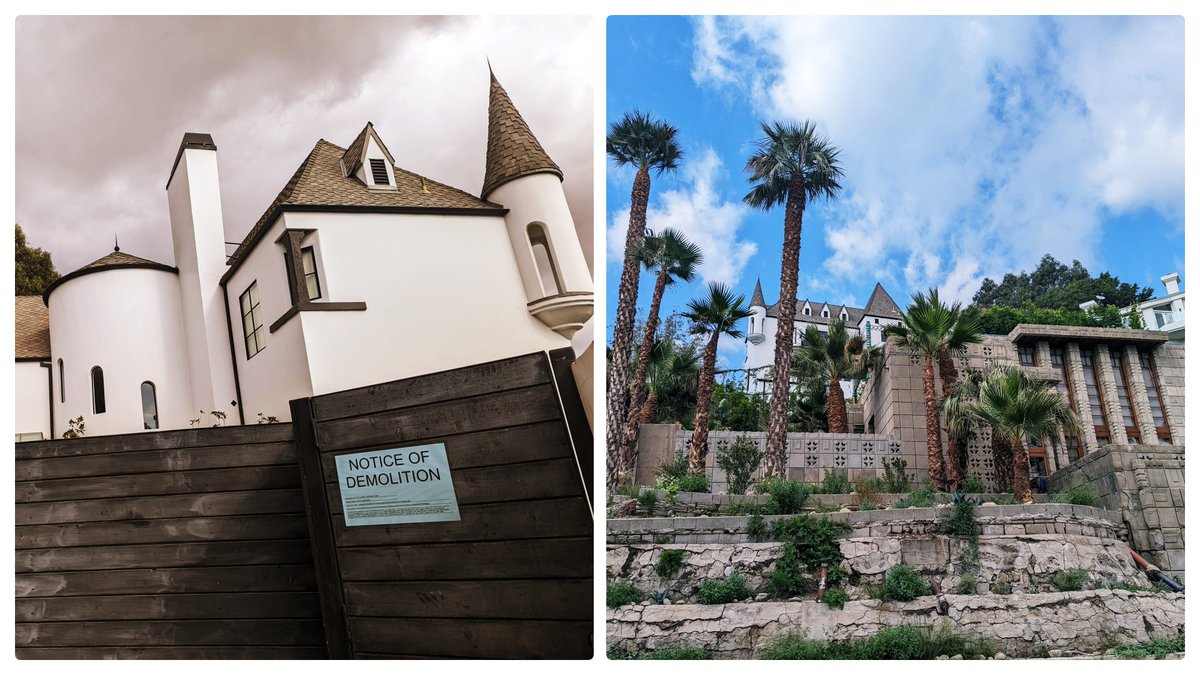 esotouric's tweet photo. The death sigil is taped to 8170 W Laurel View, which has the misfortune of sharing a property line with billionaire owned Storer House. The daffy juxtaposition of a textile-block Mayan Revival masterpiece and a phoney Norman castle pleased LA for a century, but the end is nigh. https://t.co/s3fiSM9rRB