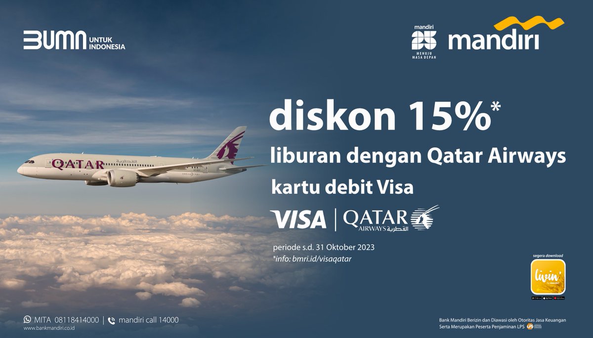bankmandiri's tweet photo. Yuk, nikmati liburan seru ke luar negeri dengan Qatar Airways dan dapatkan diskon s/d 15% tiap transaksi menggunakan #MandiriDebit VISA.

Masukin kode voucher “SEAVISA23” buat nikmatin promonya, ya!

Berlaku hingga 31 Oktober 2023. Info: https://t.co/gB4x4hQOKD

#mandiripromo https://t.co/pGPTwYjt8L